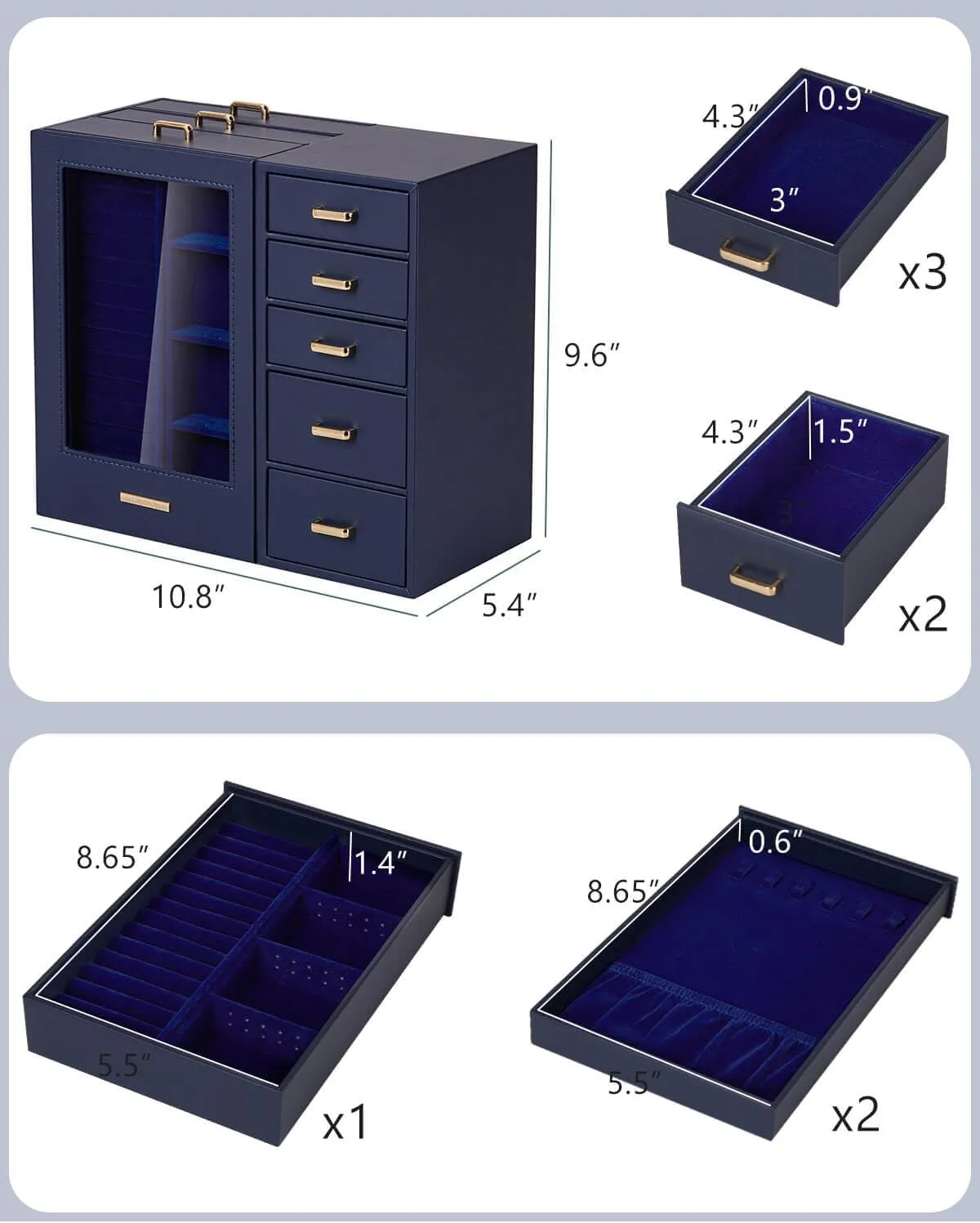 Homde Large Jewelry Box/Organizer/Case with Glass Window, Drawers for Necklaces Earrings Rings Bracelets Watches Gift for Women Girls