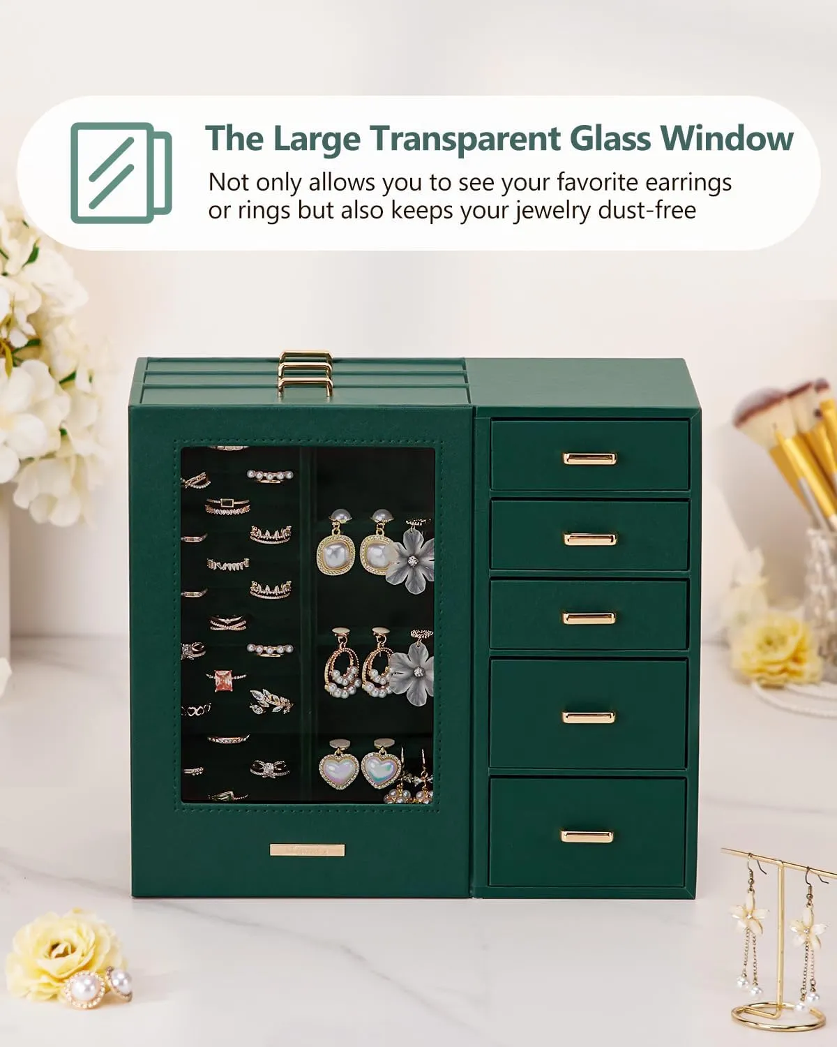 Homde Large Jewelry Box/Organizer/Case with Glass Window, Drawers for Necklaces Earrings Rings Bracelets Watches Gift for Women Girls