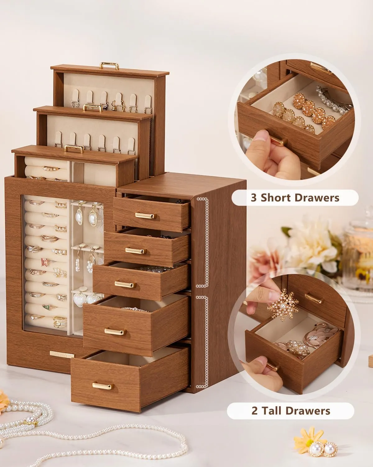 Homde Large Jewelry Box/Organizer/Case with Glass Window, Drawers for Necklaces Earrings Rings Bracelets Watches Gift for Women Girls