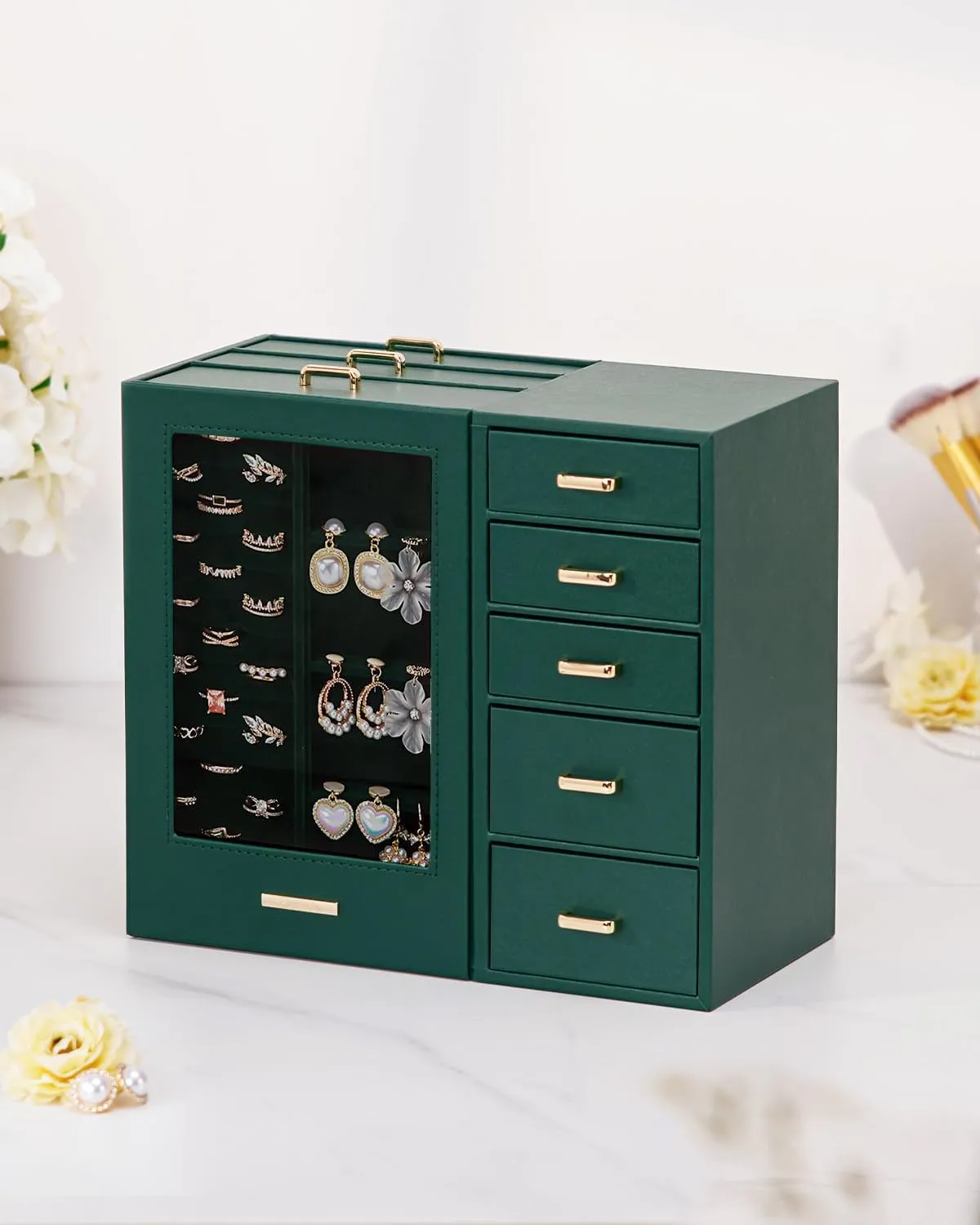 Homde Large Jewelry Box/Organizer/Case with Glass Window, Drawers for Necklaces Earrings Rings Bracelets Watches Gift for Women Girls