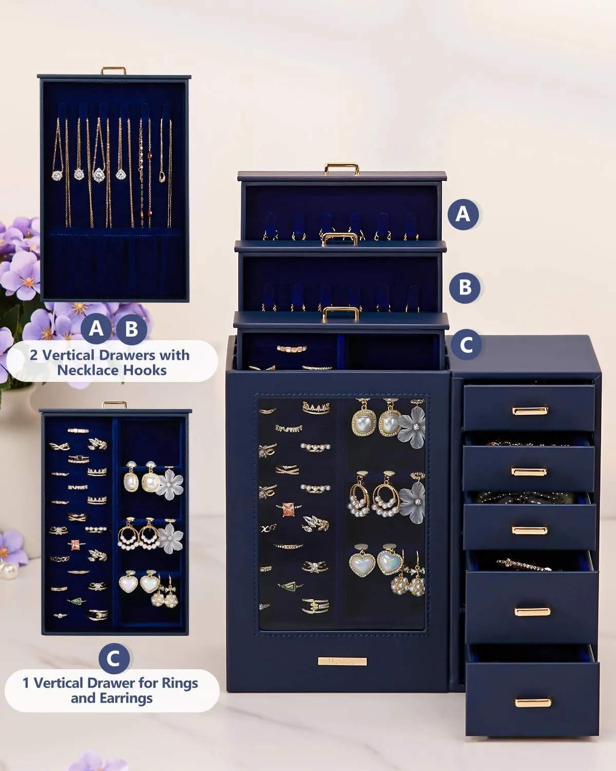 Homde Large Jewelry Box/Organizer/Case with Glass Window, Drawers for Necklaces Earrings Rings Bracelets Watches Gift for Women Girls