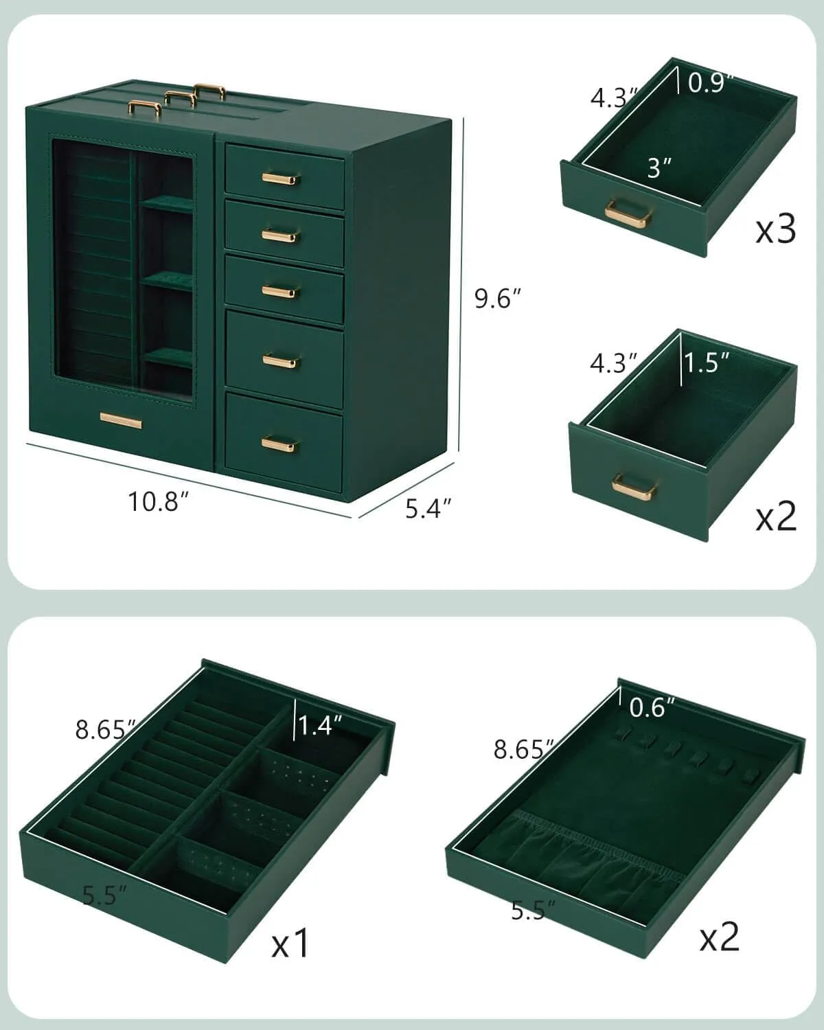 Homde Large Jewelry Box/Organizer/Case with Glass Window, Drawers for Necklaces Earrings Rings Bracelets Watches Gift for Women Girls