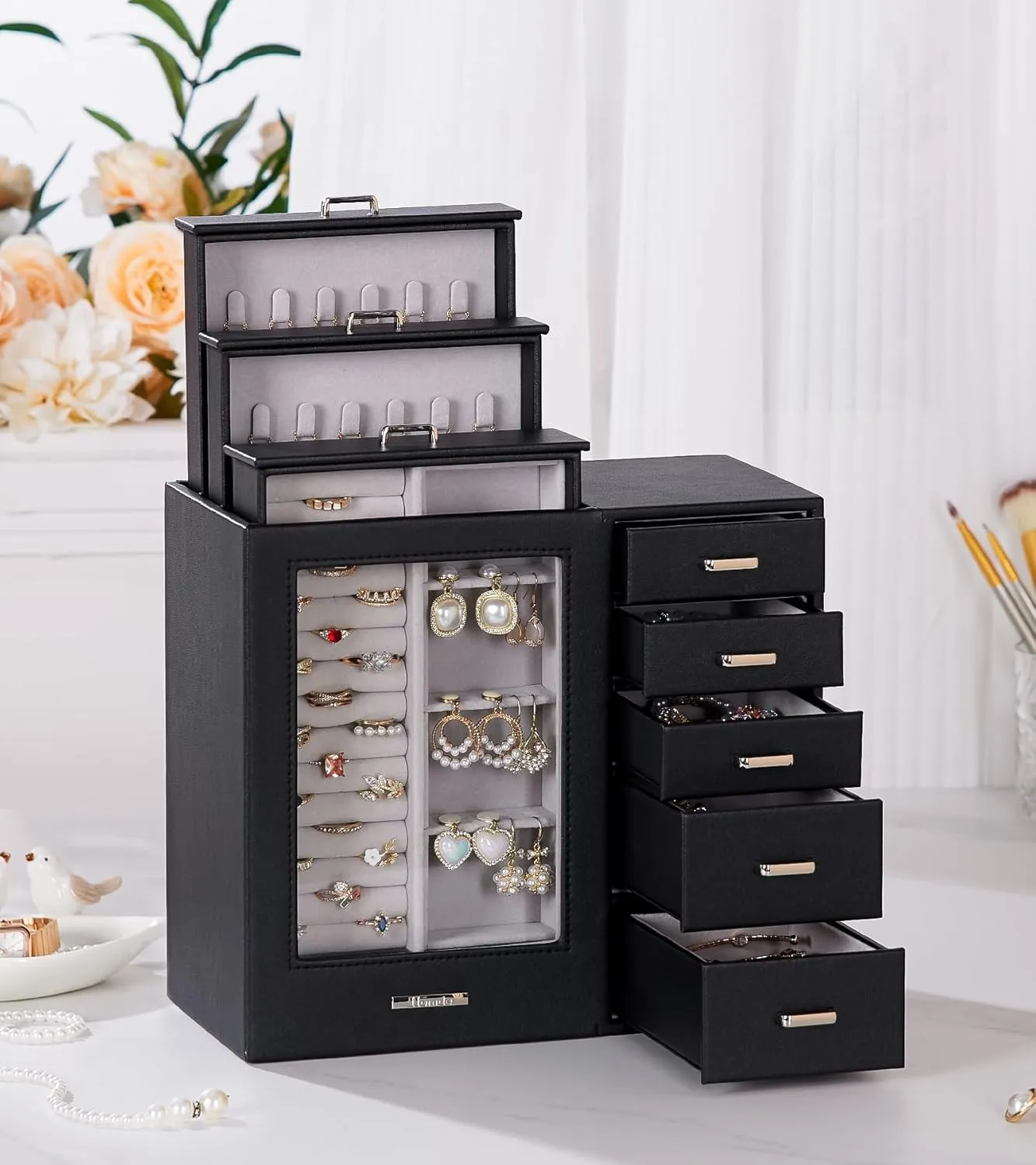 Homde Large Jewelry Box/Organizer/Case with Glass Window, Drawers for Necklaces Earrings Rings Bracelets Watches Gift for Women Girls