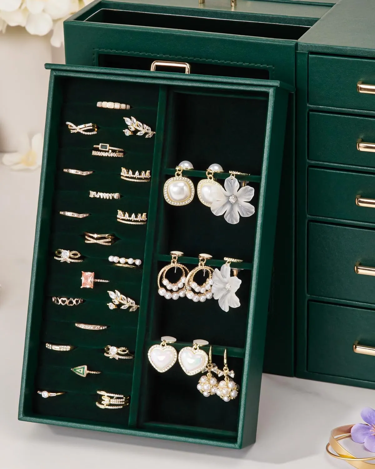 Homde Large Jewelry Box/Organizer/Case with Glass Window, Drawers for Necklaces Earrings Rings Bracelets Watches Gift for Women Girls