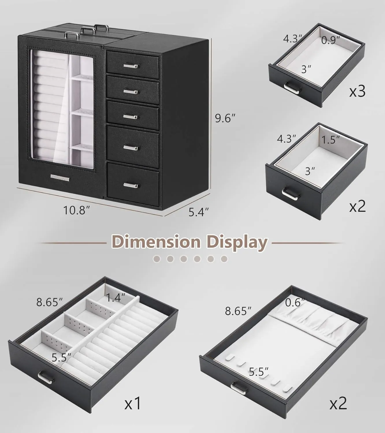 Homde Large Jewelry Box/Organizer/Case with Glass Window, Drawers for Necklaces Earrings Rings Bracelets Watches Gift for Women Girls