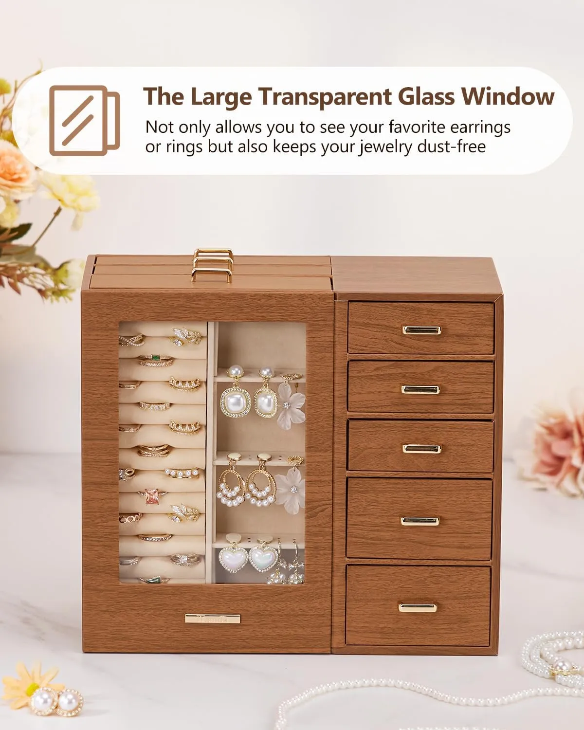 Homde Large Jewelry Box/Organizer/Case with Glass Window, Drawers for Necklaces Earrings Rings Bracelets Watches Gift for Women Girls