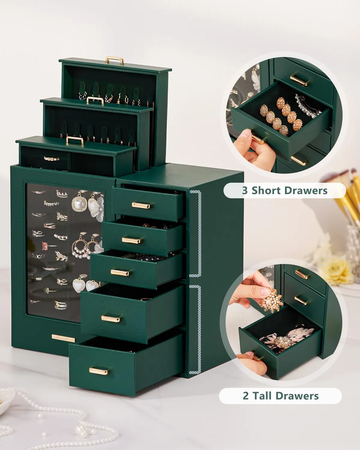 Homde Large Jewelry Box/Organizer/Case with Glass Window, Drawers for Necklaces Earrings Rings Bracelets Watches Gift for Women Girls