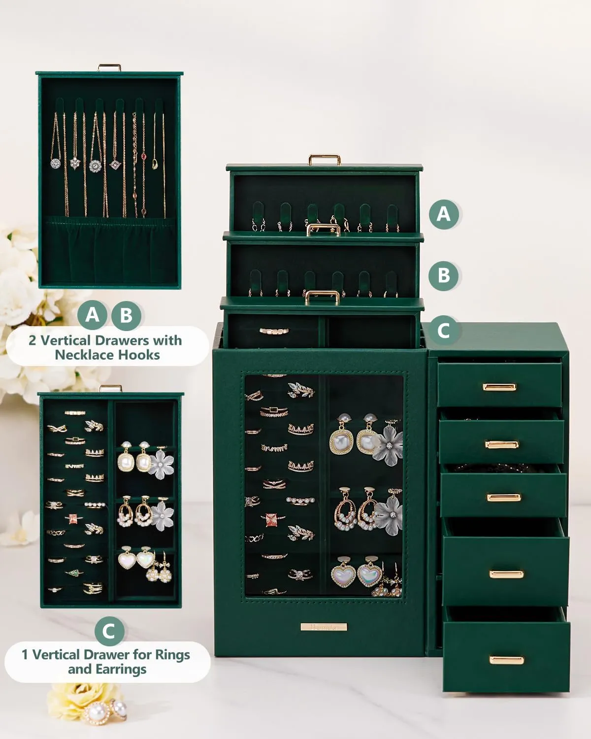 Homde Large Jewelry Box/Organizer/Case with Glass Window, Drawers for Necklaces Earrings Rings Bracelets Watches Gift for Women Girls