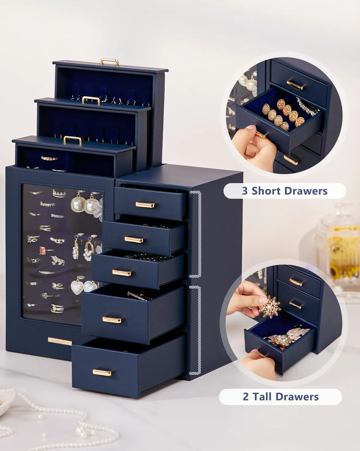 Homde Large Jewelry Box/Organizer/Case with Glass Window, Drawers for Necklaces Earrings Rings Bracelets Watches Gift for Women Girls