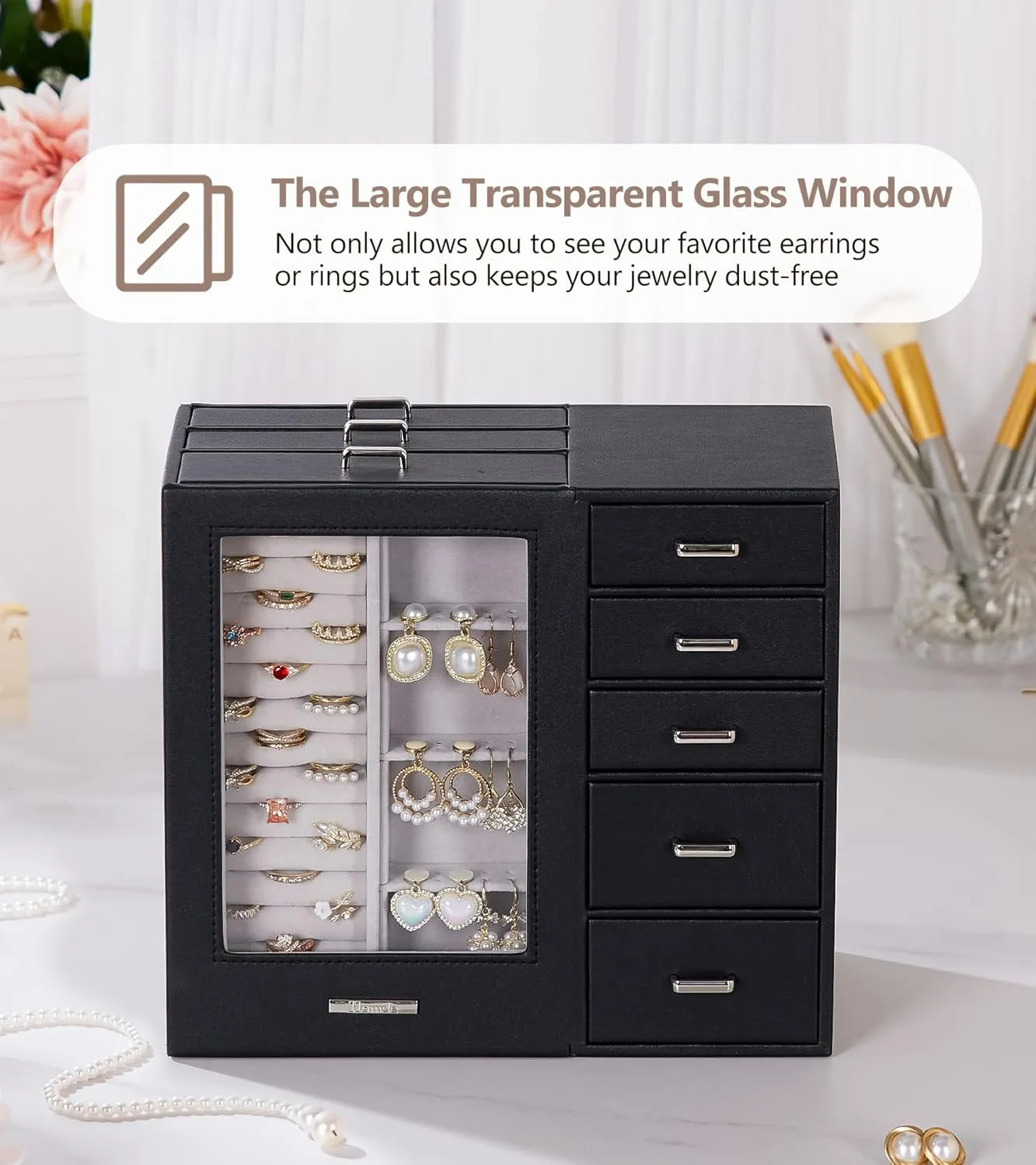 Homde Large Jewelry Box/Organizer/Case with Glass Window, Drawers for Necklaces Earrings Rings Bracelets Watches Gift for Women Girls