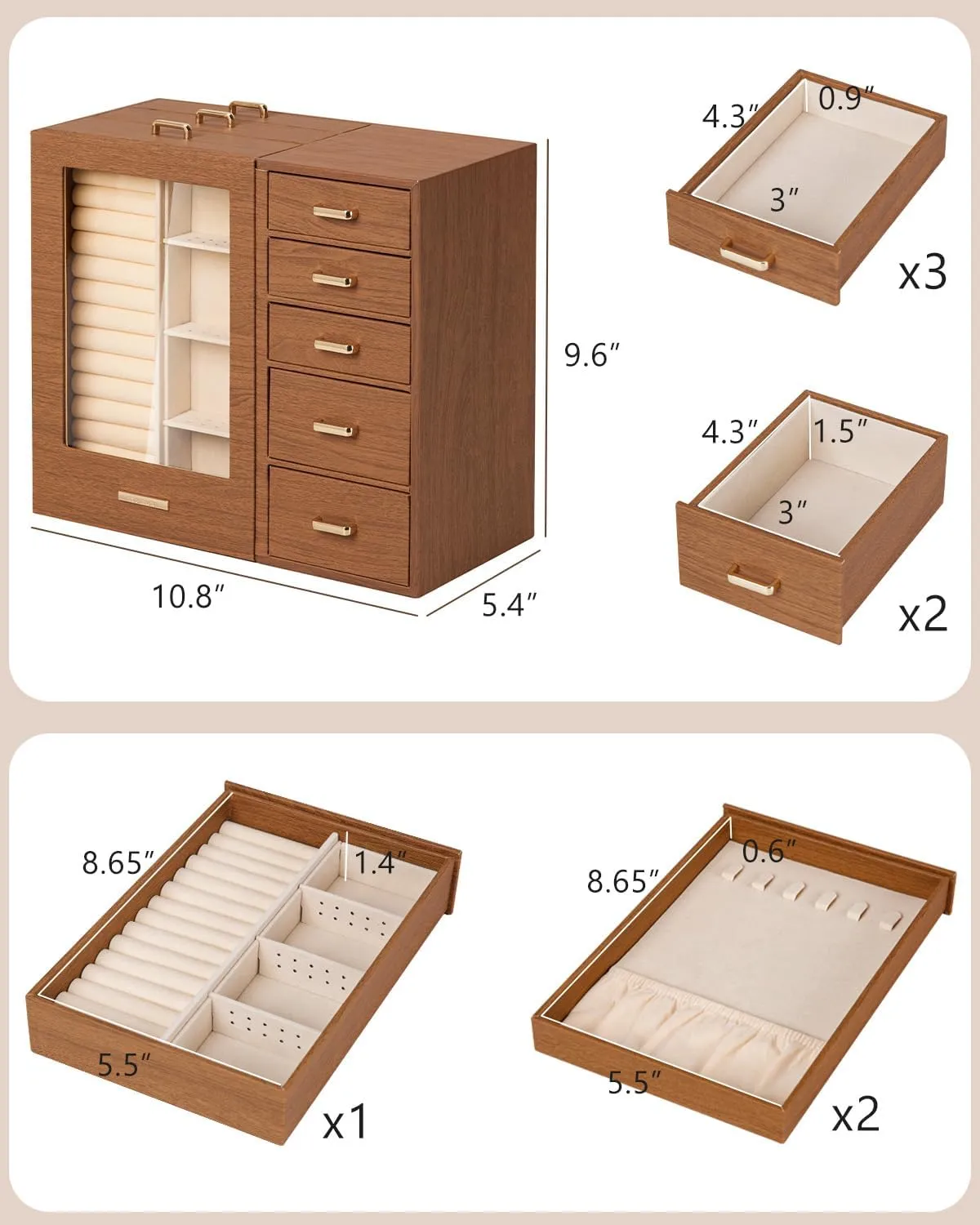 Homde Large Jewelry Box/Organizer/Case with Glass Window, Drawers for Necklaces Earrings Rings Bracelets Watches Gift for Women Girls