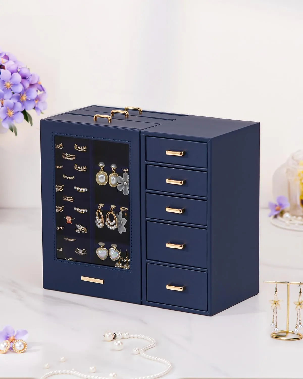 Homde Large Jewelry Box/Organizer/Case with Glass Window, Drawers for Necklaces Earrings Rings Bracelets Watches Gift for Women Girls