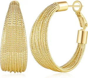 Hoop Earring 14K Gold Hoops Earrings for Women Tri-Texture Gold Earring Hoops - Luxurious, Chunky and Thick Earrings 31mm