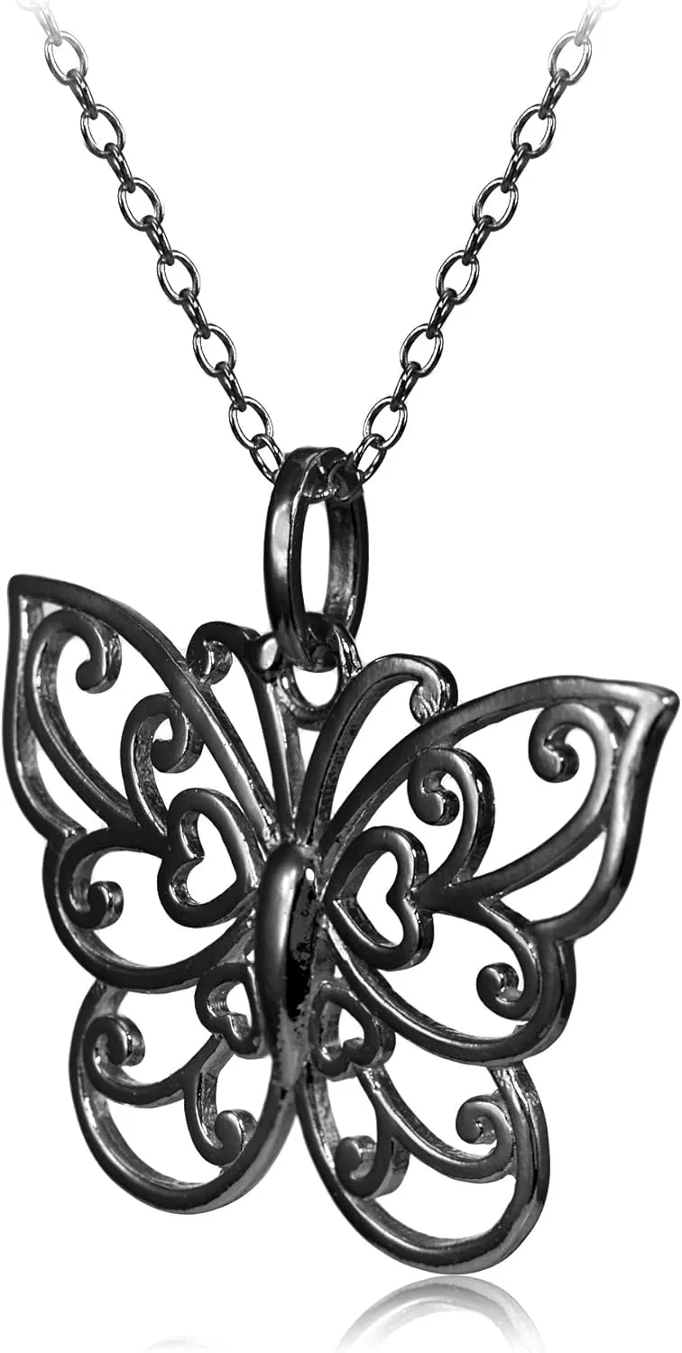 Hoops & Loops 925 Sterling Filigree Butterfly Necklace for Women, Silver, Black, Yellow Gold, Rose Gold Flashed Sterling Silver