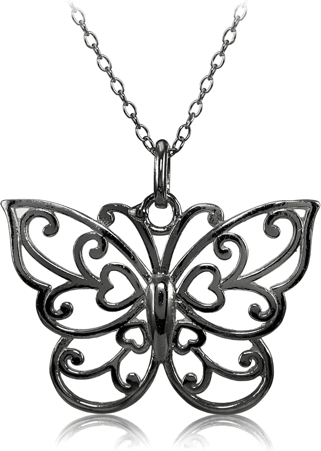 Hoops & Loops 925 Sterling Filigree Butterfly Necklace for Women, Silver, Black, Yellow Gold, Rose Gold Flashed Sterling Silver
