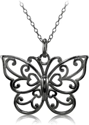 Hoops & Loops 925 Sterling Filigree Butterfly Necklace for Women, Silver, Black, Yellow Gold, Rose Gold Flashed Sterling Silver