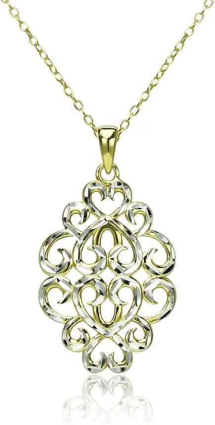 Hoops & Loops 925 Sterling Silver Diamond-cut Filigree Swirl Hearts Necklace for Women, Silver, Yellow Gold, Rose Gold, Black Flashed Sterling Silver