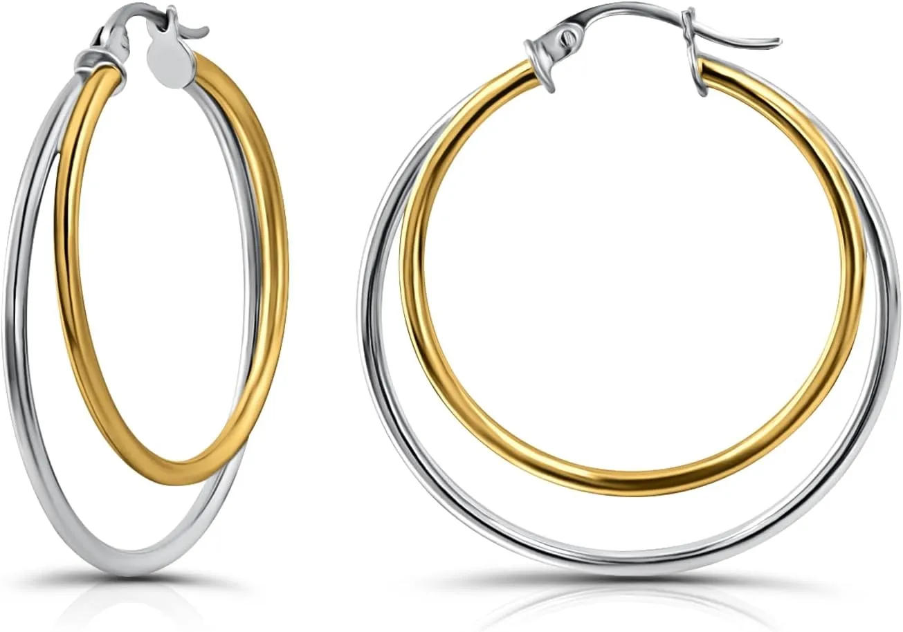 Hoops & Loops 925 Sterling Silver Double Circle 30mm Round-Tube Polished Click-Top Hoop Earrings for Women