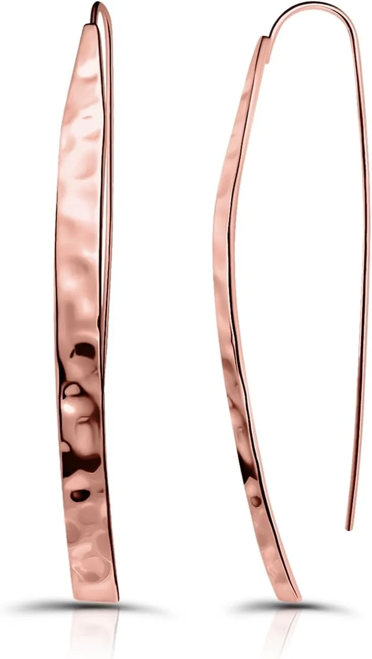 Hoops & Loops 925 Sterling Silver High Polished Hammered Long Flat Bar Threader Drop Earrings for Women, Silver, Yellow & Rose Gold