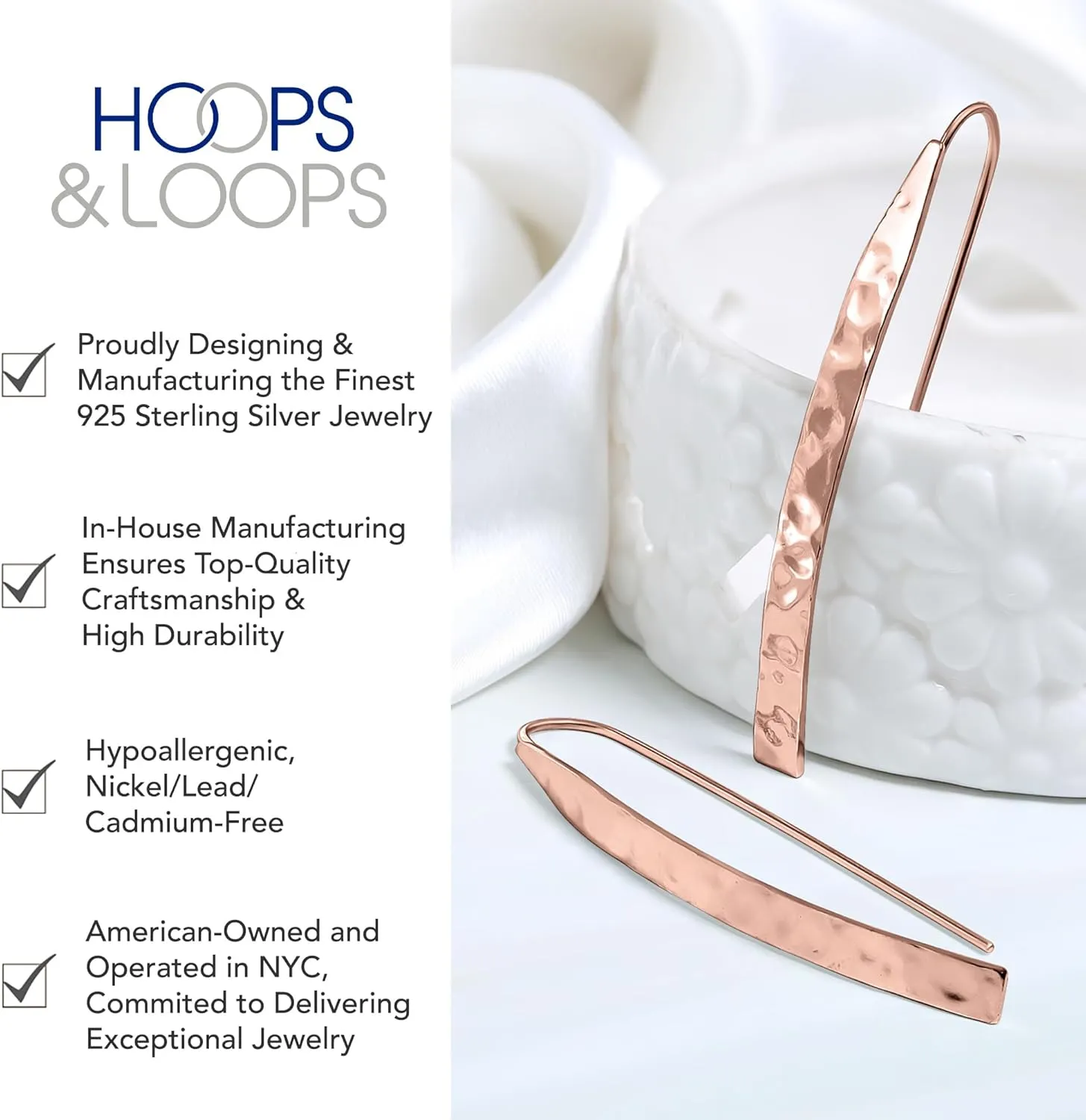 Hoops & Loops 925 Sterling Silver High Polished Hammered Long Flat Bar Threader Drop Earrings for Women, Silver, Yellow & Rose Gold