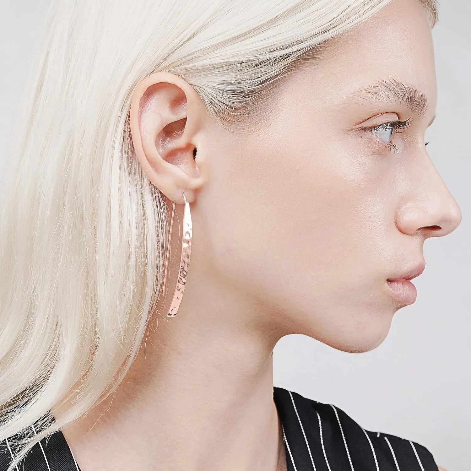 Hoops & Loops 925 Sterling Silver High Polished Hammered Long Flat Bar Threader Drop Earrings for Women, Silver, Yellow & Rose Gold