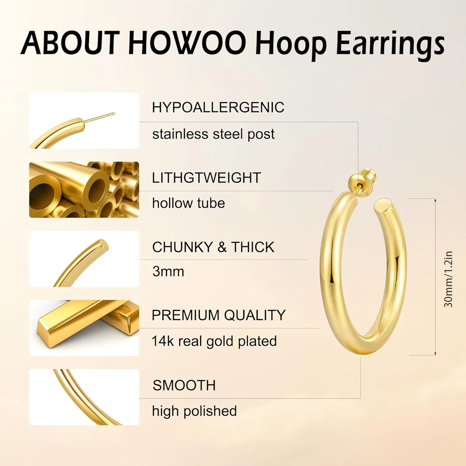 Howoo Chunky Hoops High Polished Hoop Earrings for Women