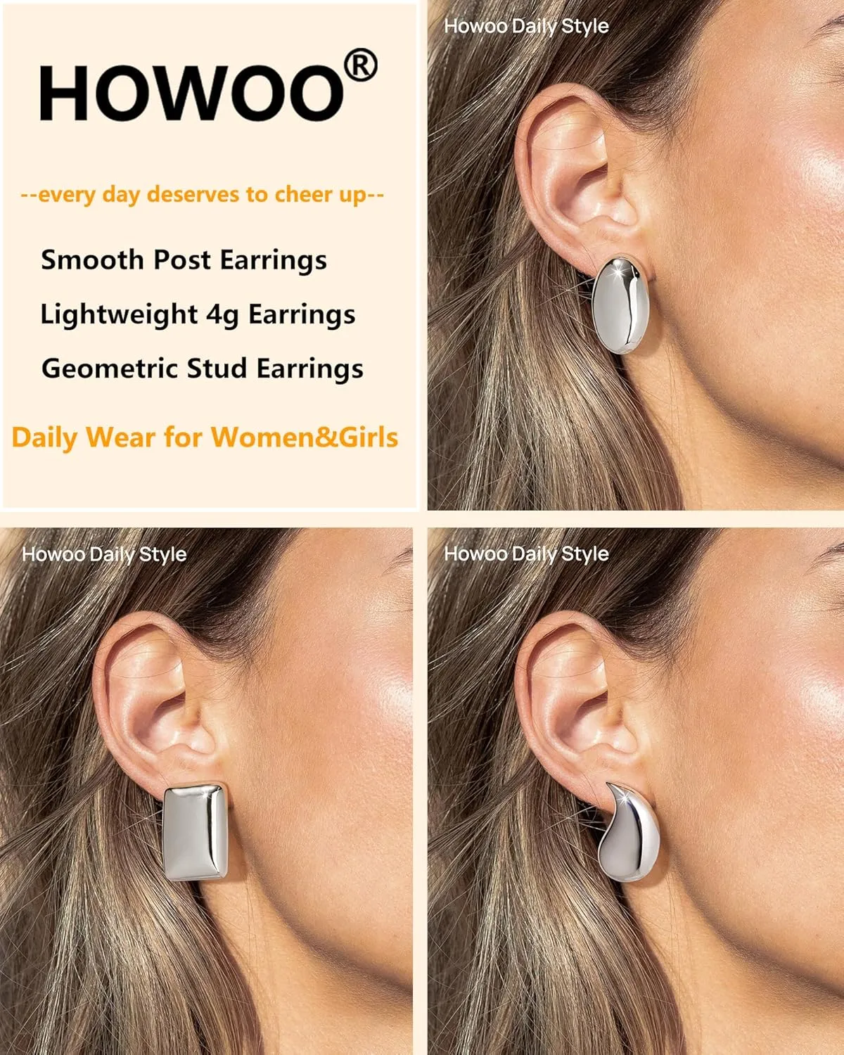 Howoo Stud Earrings Set for Women & Girls High Polished Smooth Earrings Howoo Daily Style