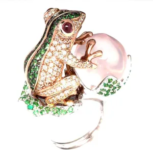 HSQYJ Green Crystal Frog Cocktail Ring Cubic Zirconia Pearl Cute Animal Stacking Rings Jewelry Rhinestone Statement Rings for Women