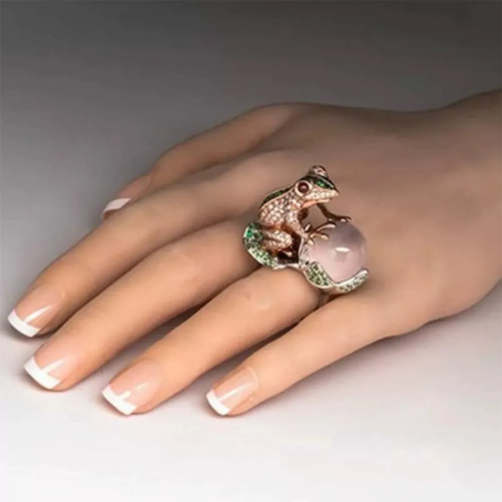 HSQYJ Green Crystal Frog Cocktail Ring Cubic Zirconia Pearl Cute Animal Stacking Rings Jewelry Rhinestone Statement Rings for Women
