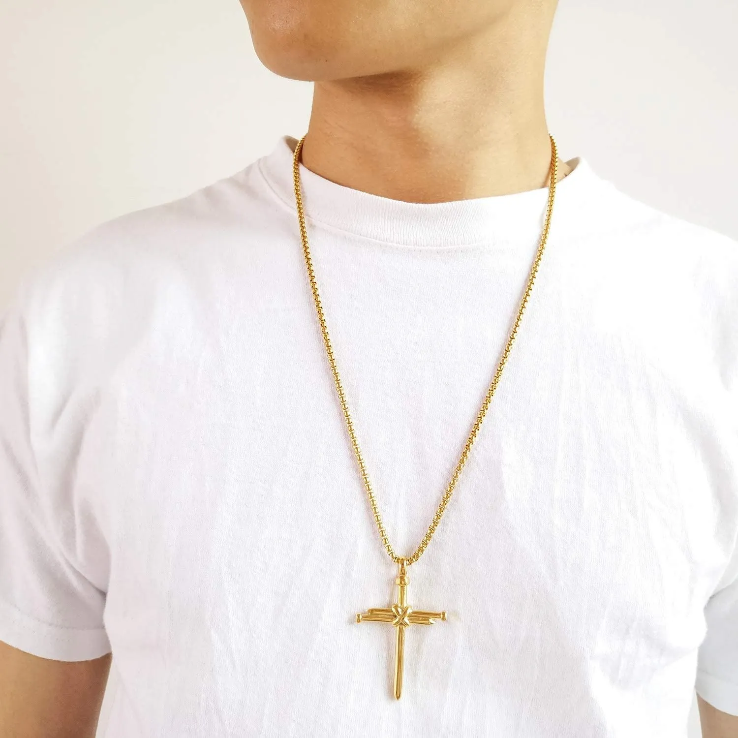 HUANIAN Jewelry Nail Cross Stainless Steel Pendants Christian Necklace 23" Rolo Chain, 3 Colors