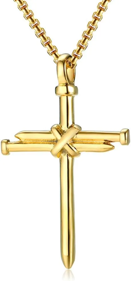 HUANIAN Jewelry Nail Cross Stainless Steel Pendants Christian Necklace 23" Rolo Chain, 3 Colors