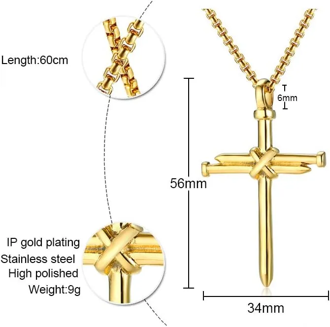 HUANIAN Jewelry Nail Cross Stainless Steel Pendants Christian Necklace 23" Rolo Chain, 3 Colors