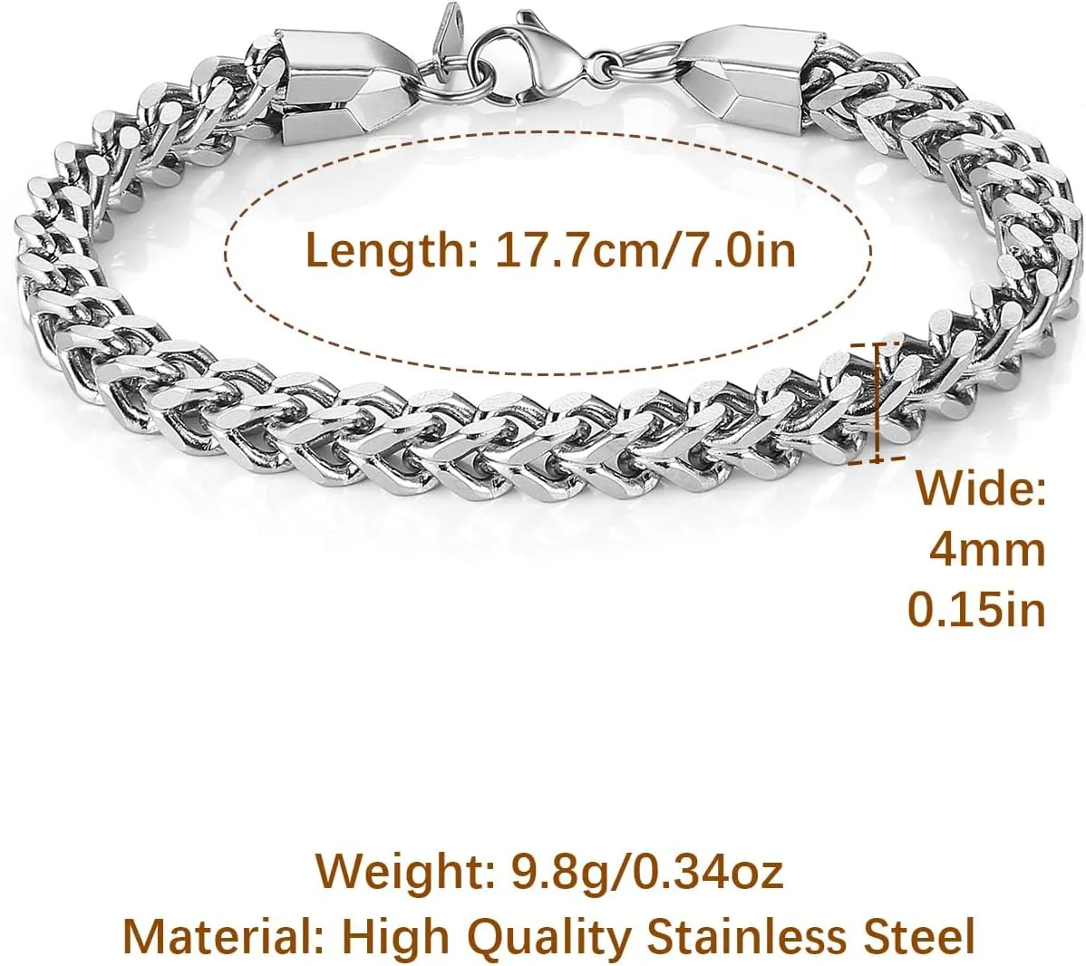 HZMAN Franco Chain Bracelets for Men 3mm/4mm/5mm/6mm Stainless Steel Men's Bracelet Square Box Link Chain Bracelet 7-9 Inch