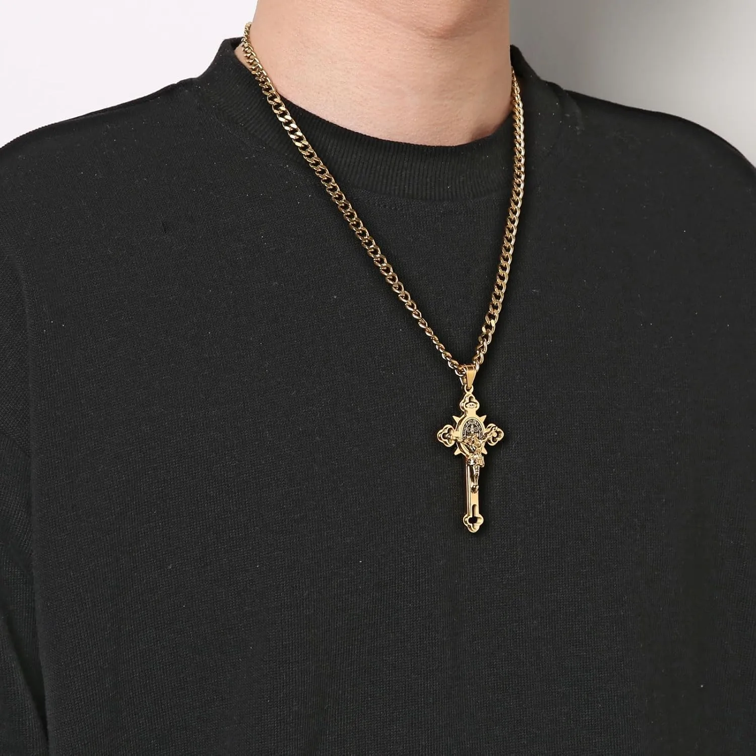 HZMAN Religion Stainless Steel Saint St St. Benedict Crucifix Cross Pendants Necklace INRI