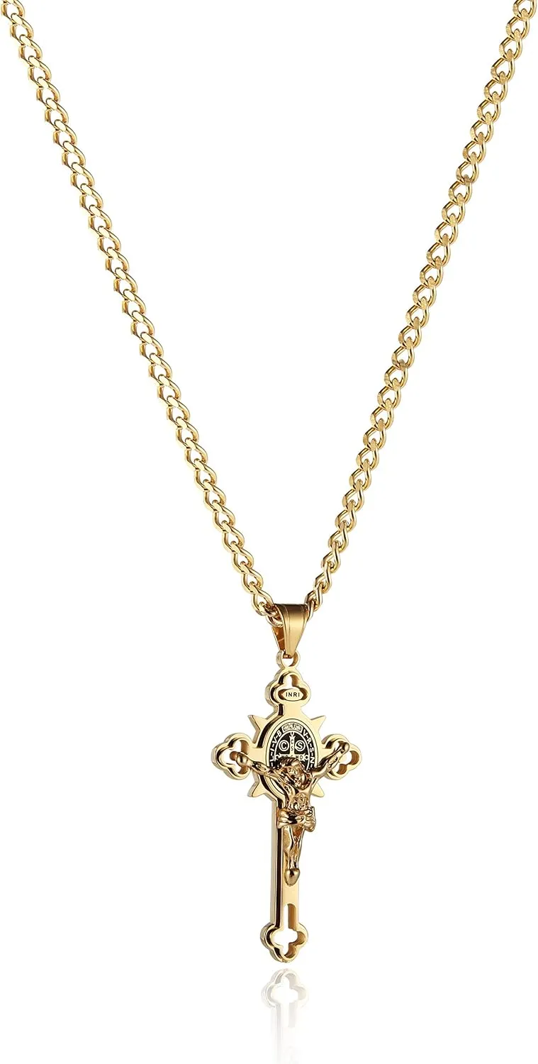 HZMAN Religion Stainless Steel Saint St St. Benedict Crucifix Cross Pendants Necklace INRI