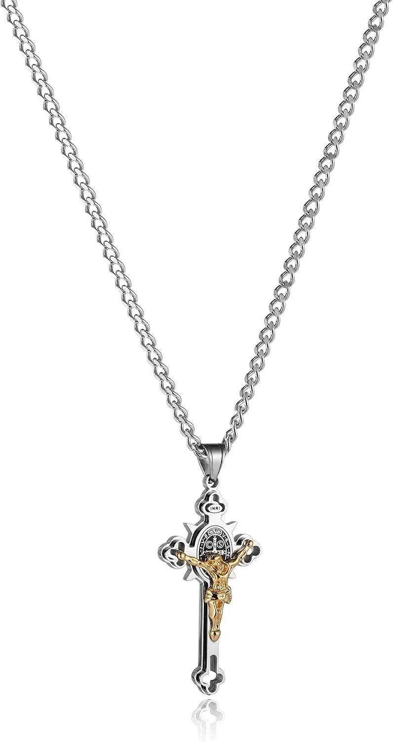 HZMAN Religion Stainless Steel Saint St St. Benedict Crucifix Cross Pendants Necklace INRI
