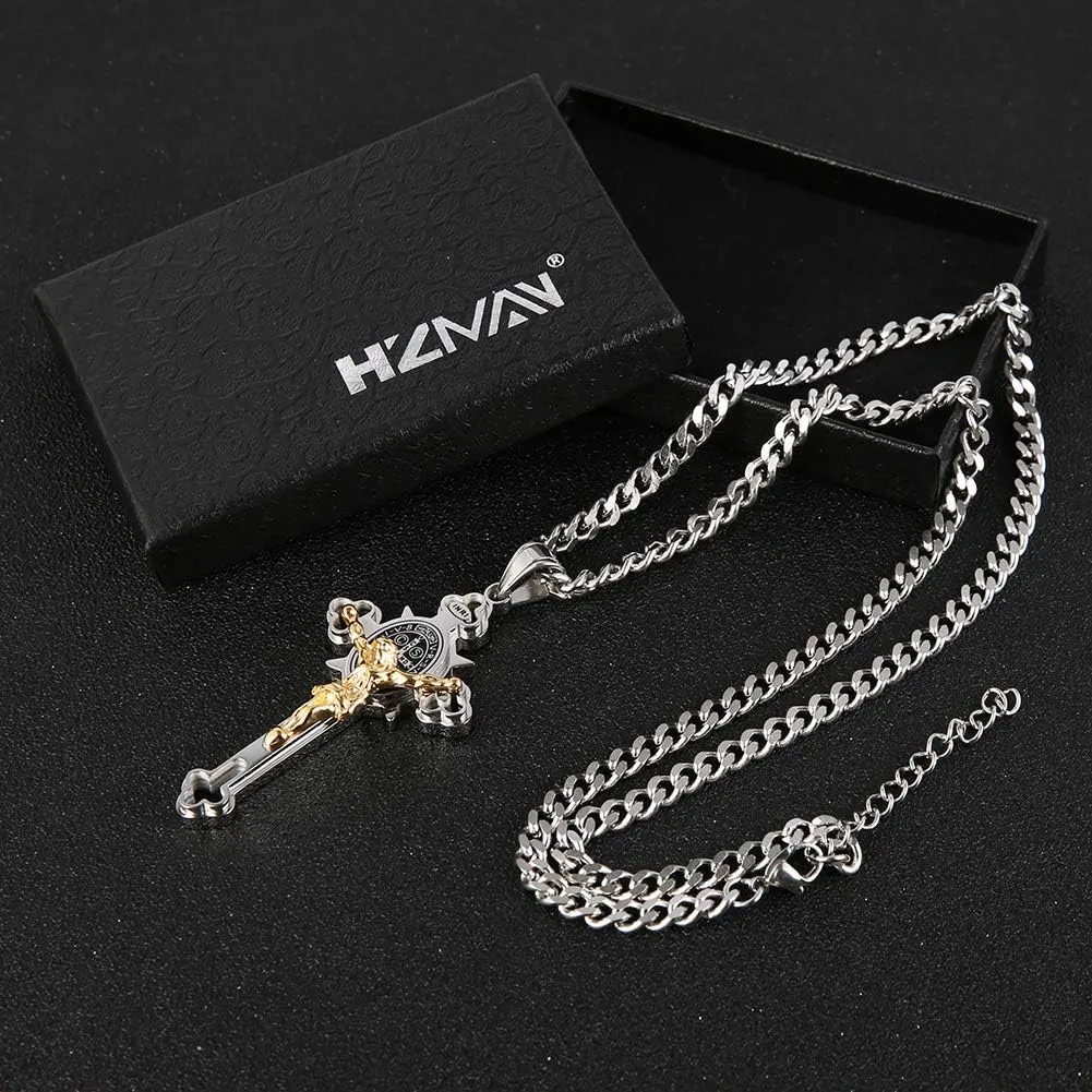 HZMAN Religion Stainless Steel Saint St St. Benedict Crucifix Cross Pendants Necklace INRI