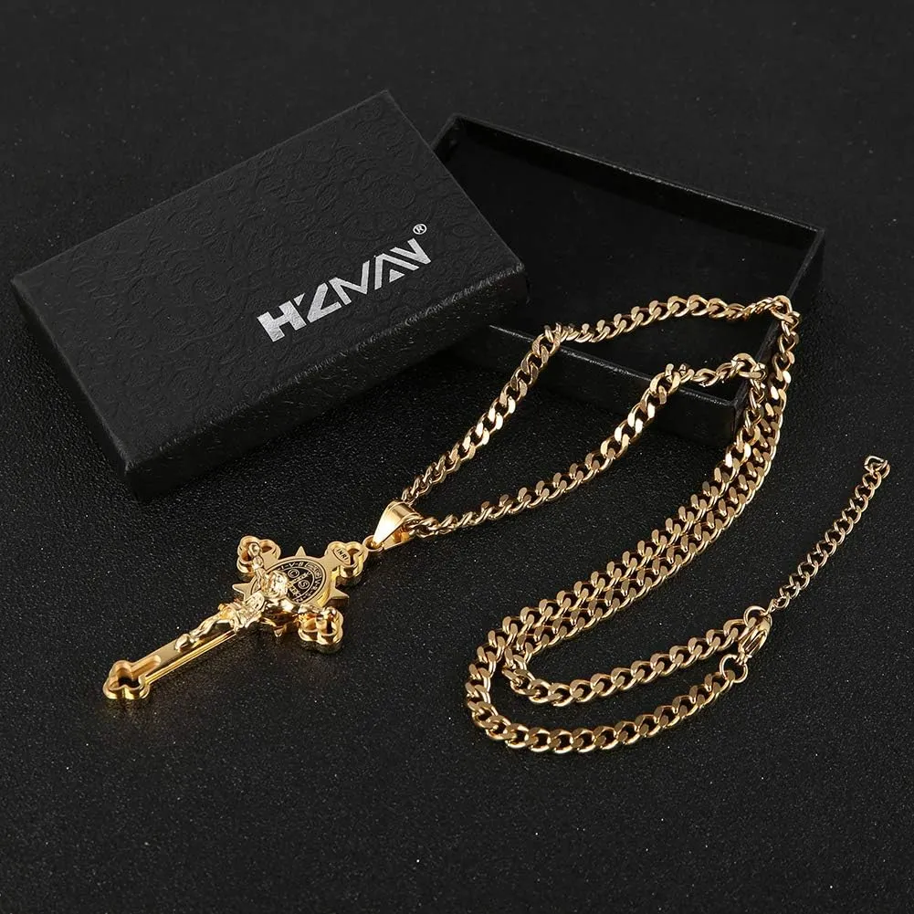 HZMAN Religion Stainless Steel Saint St St. Benedict Crucifix Cross Pendants Necklace INRI