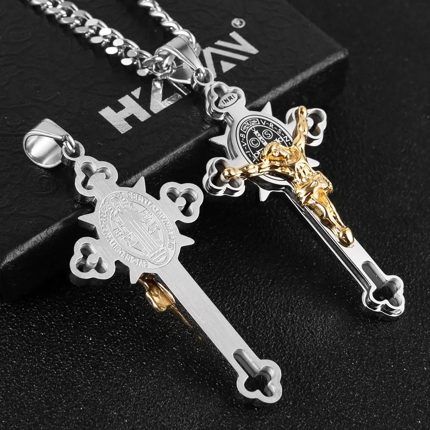 HZMAN Religion Stainless Steel Saint St St. Benedict Crucifix Cross Pendants Necklace INRI