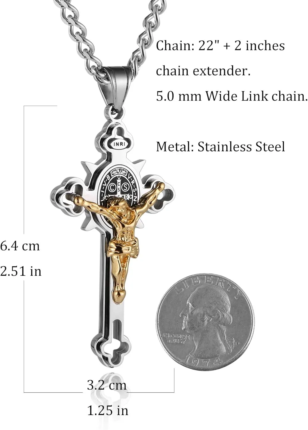 HZMAN Religion Stainless Steel Saint St St. Benedict Crucifix Cross Pendants Necklace INRI