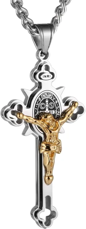 HZMAN Religion Stainless Steel Saint St St. Benedict Crucifix Cross Pendants Necklace INRI