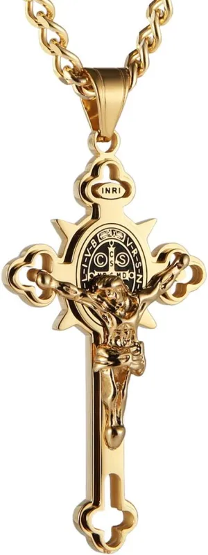HZMAN Religion Stainless Steel Saint St St. Benedict Crucifix Cross Pendants Necklace INRI