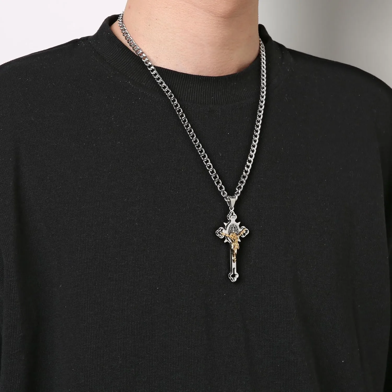 HZMAN Religion Stainless Steel Saint St St. Benedict Crucifix Cross Pendants Necklace INRI