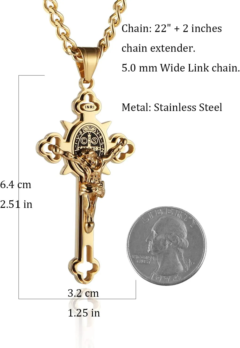 HZMAN Religion Stainless Steel Saint St St. Benedict Crucifix Cross Pendants Necklace INRI