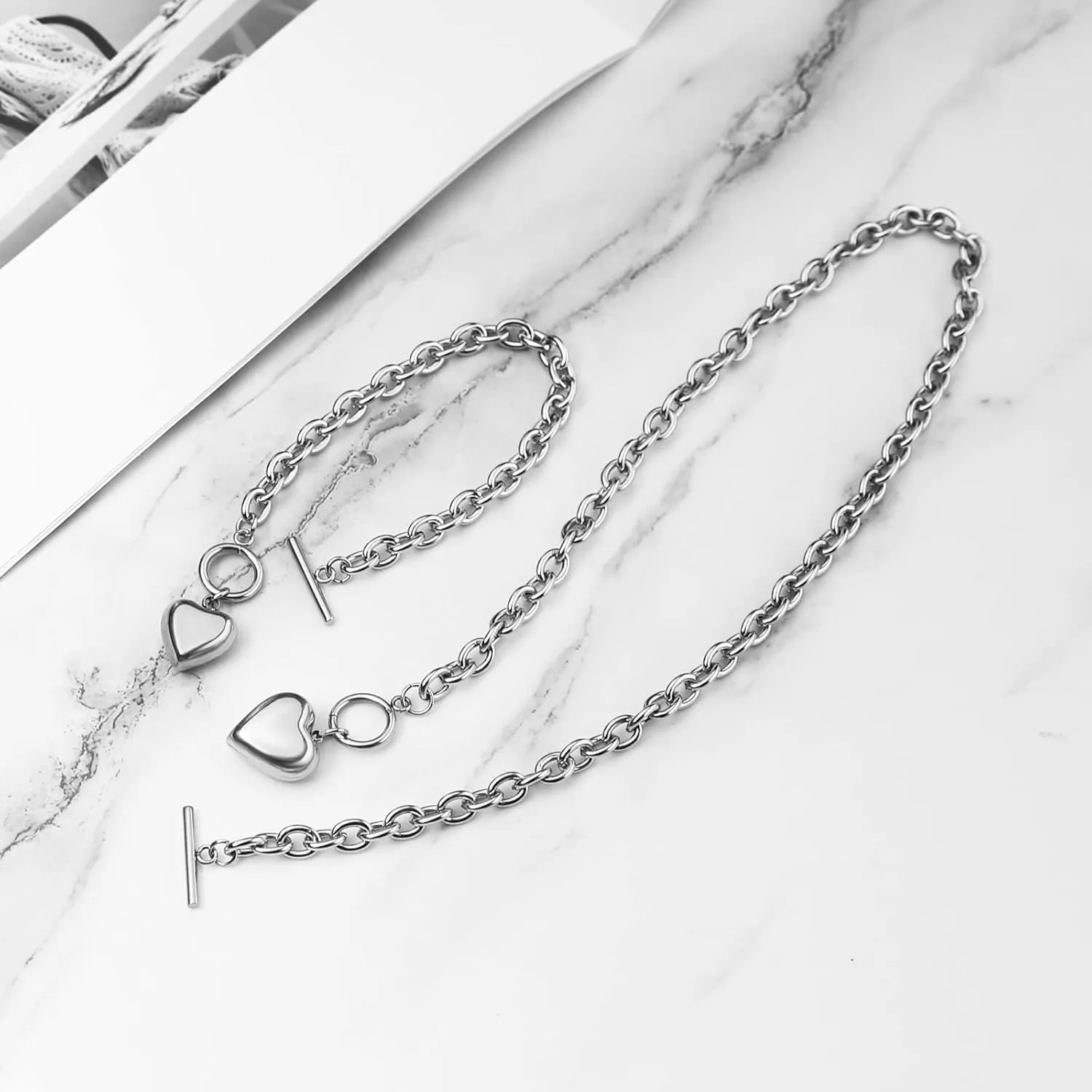 HZMAN Women Stainless Steel Multilayer Necklace Heart Pendant Dog Tag Pendant Chunky Cuban Chain Link Toggle Clasp Necklace