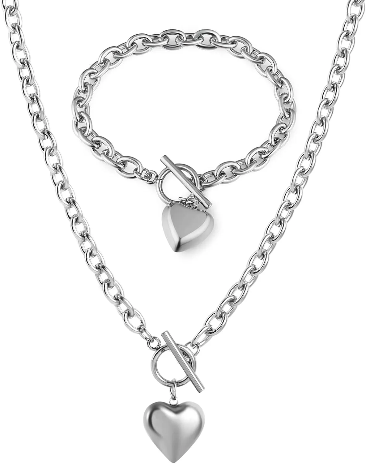 HZMAN Women Stainless Steel Multilayer Necklace Heart Pendant Dog Tag Pendant Chunky Cuban Chain Link Toggle Clasp Necklace