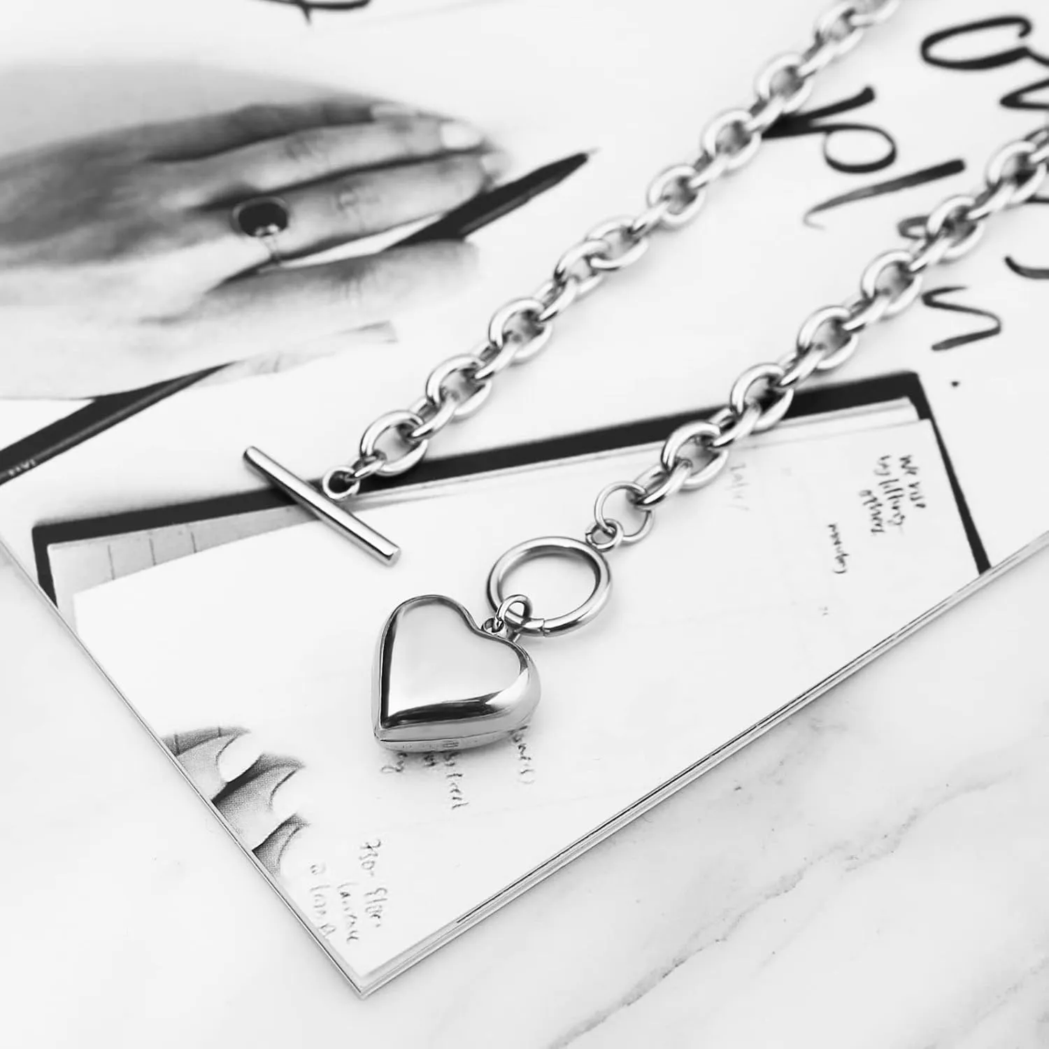 HZMAN Women Stainless Steel Multilayer Necklace Heart Pendant Dog Tag Pendant Chunky Cuban Chain Link Toggle Clasp Necklace
