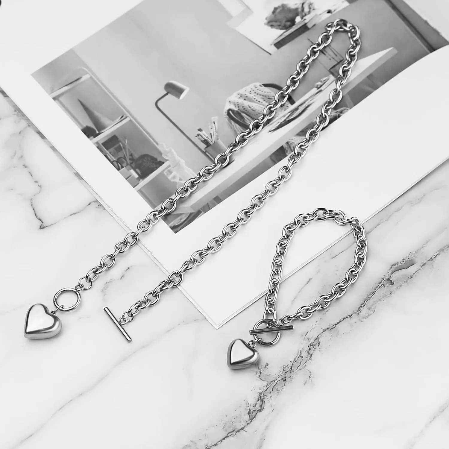 HZMAN Women Stainless Steel Multilayer Necklace Heart Pendant Dog Tag Pendant Chunky Cuban Chain Link Toggle Clasp Necklace