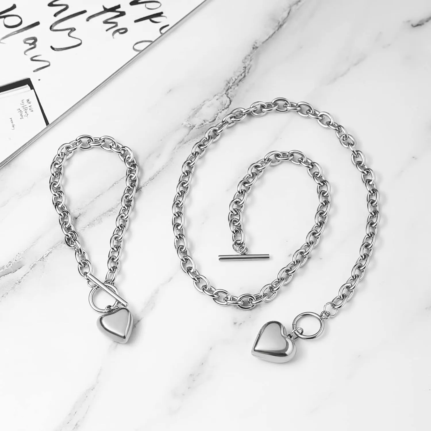 HZMAN Women Stainless Steel Multilayer Necklace Heart Pendant Dog Tag Pendant Chunky Cuban Chain Link Toggle Clasp Necklace