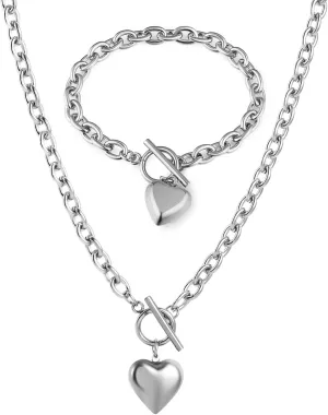 HZMAN Women Stainless Steel Multilayer Necklace Heart Pendant Dog Tag Pendant Chunky Cuban Chain Link Toggle Clasp Necklace
